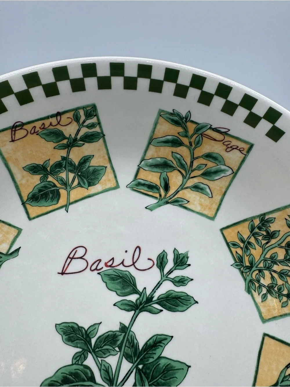 Large Green and White Pasta Bowl Different Herbs, Basil WCL 12 1/2”